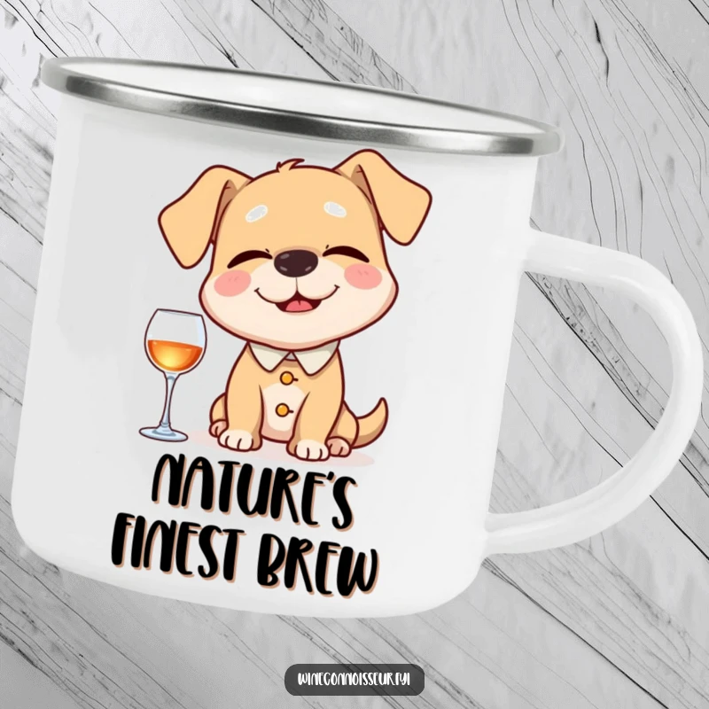 Funny camping mug featuring a happy dog sommelier with eyes closed, sniffing an imaginary aroma, perfect for enjoying drinks outdoors with a humorous twist.