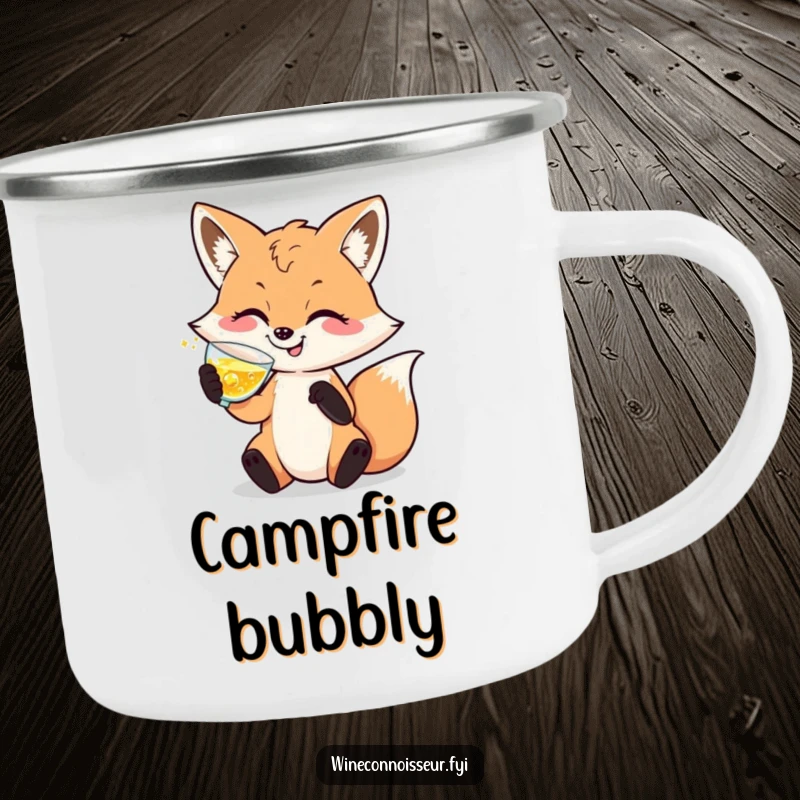 Funny camping mug featuring a sophisticated fox character swirling a drink, ideal for outdoor enjoyment and elegant sips.