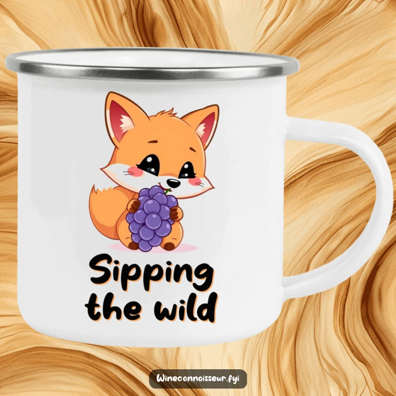 Funny camping mug with a cheerful fox sniffing a grape with a discerning look, ready for outdoor quests.