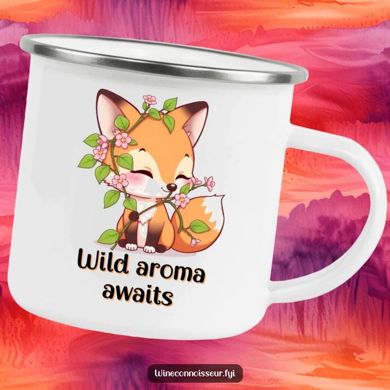 Funny camping mug with a curious fox character joyfully sniffing a blooming vine, perfect for outdoor adventures and humor.