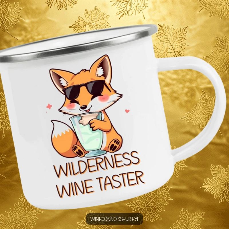 Funny kawaii fox camping mug, character swirling wine glass, sophisticated happy expression, sturdy and amusing outdoor mug.