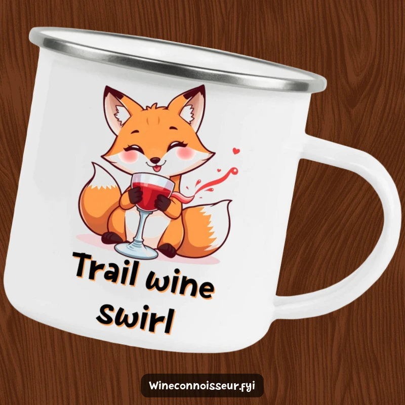 Funny camping mug featuring a smiling fox carefully swirling a goblet of red liquid, perfect for outdoor enjoyment.