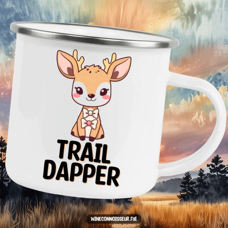 Funny camping mug with a sophisticated Kawaii deer wearing a tiny bowtie, dapper outdoor theme, humorous and durable gift.