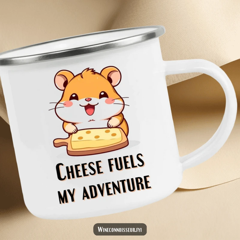 Funny camping mug with a happy kawaii hamster serving a cheese board, perfect for outdoor humor and a delightful gift.