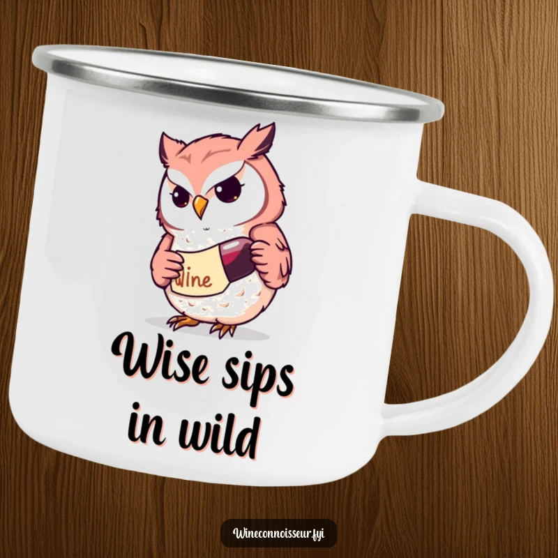 Funny Kawaii owl wine camping mug featuring a determined character studying a label, designed for intellectual enjoyment outdoors, a fun gift.