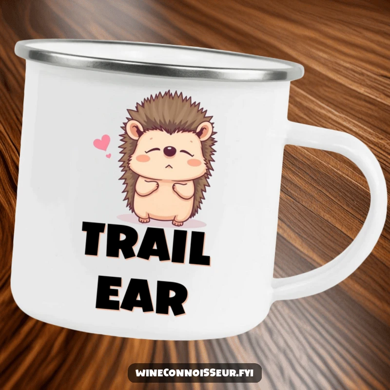 Funny camping mug with a contented hedgehog listening, great for enjoying drinks while sharing stories.
