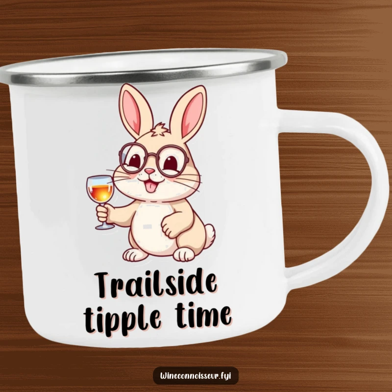 Funny camping mug with a cheerful rabbit in a monocle and wine glass, durable and stylish for outdoor use.