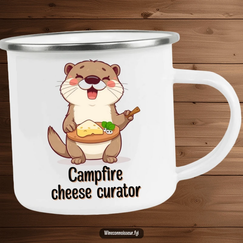 Funny otter with a cheese platter on a sturdy camping mug, ready for outdoor fun, a great funny gift.