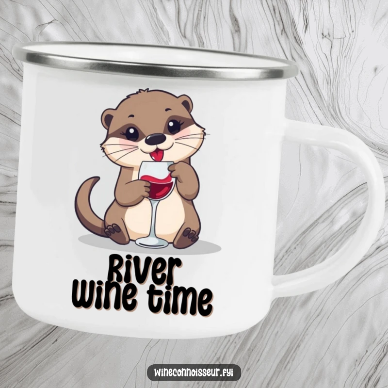 Durable and funny camping mug with a playful otter swirling wine in a small glass, for playful outdoor enjoyment.