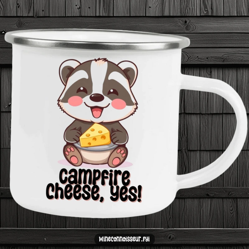Funny badger cheese camping mug featuring a happy badger offering cheese. Ideal for outdoor enjoyment and humor.