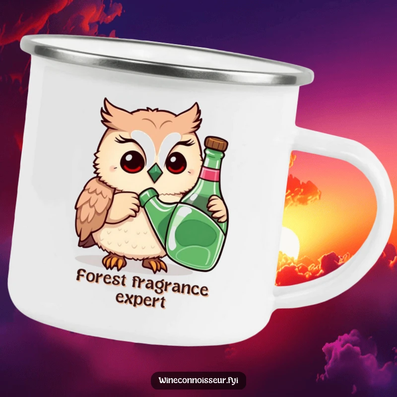 Funny camping mug with a playful owl sniffing a bottle thoughtfully, durable and wise for outdoor use.