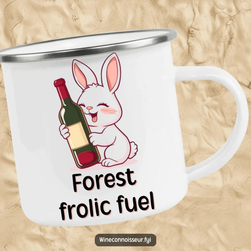 Funny camping mug featuring a giggling rabbit with a delighted expression, sniffing a wine bottle, perfect for outdoor enjoyment.
