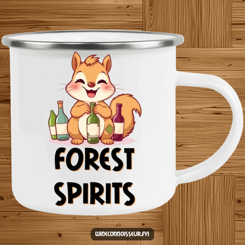 Funny Squirrel Camping Mug: A giggling squirrel proudly holds its tiny wine bottle collection, ready for outdoor fun.