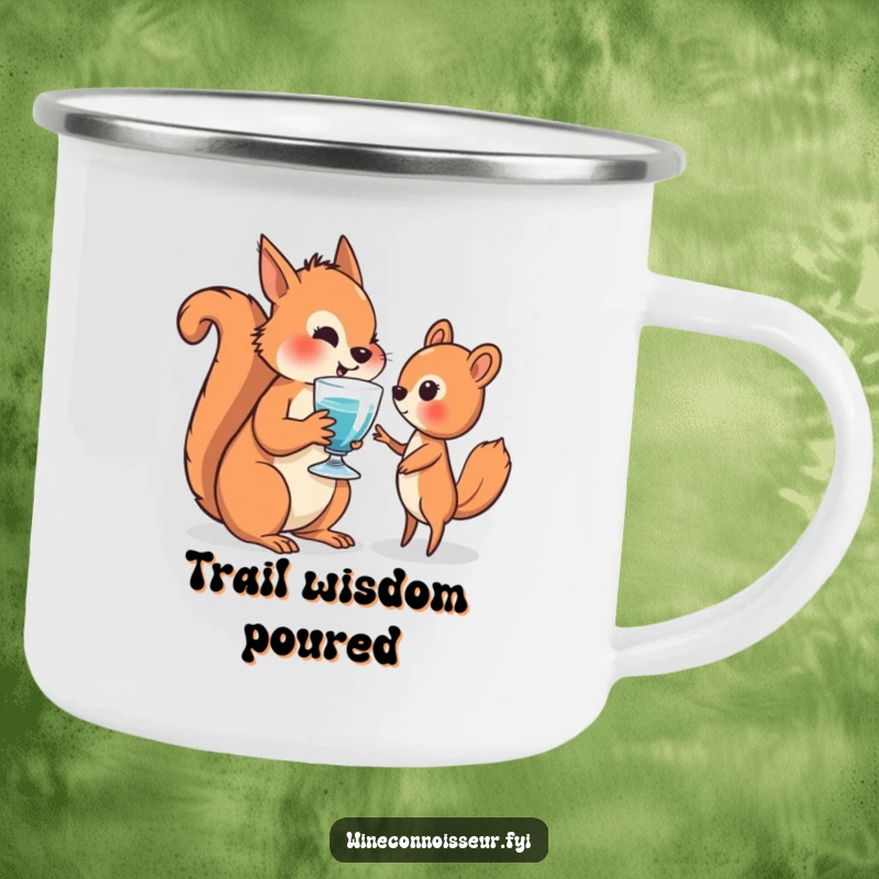 Funny camping mug with a wise squirrel offering a drink, great for enjoying beverages in the great outdoors.