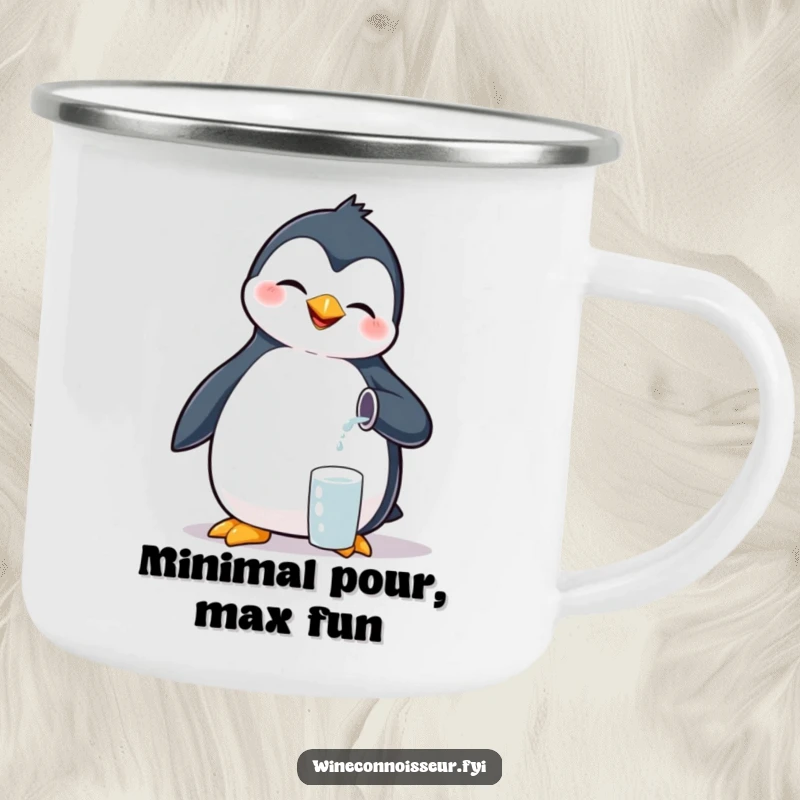 Funny giggling penguin camping mug, pouring tiny liquid, durable and humorous outdoor drinkware for bird fans.