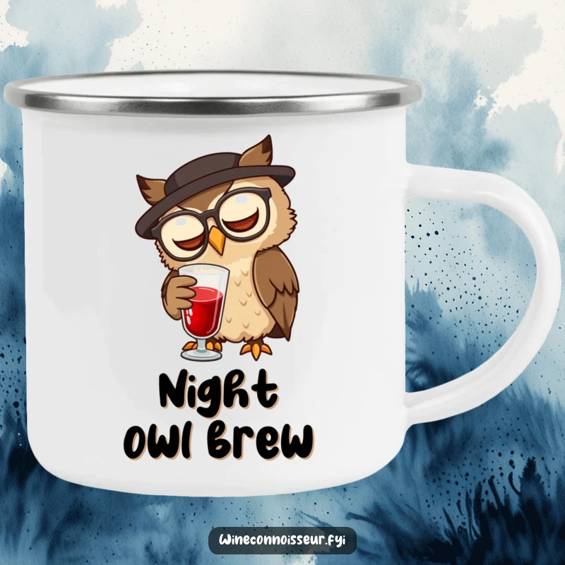 Funny wise brown owl with spectacles swirling wine on a durable funny camping mug.