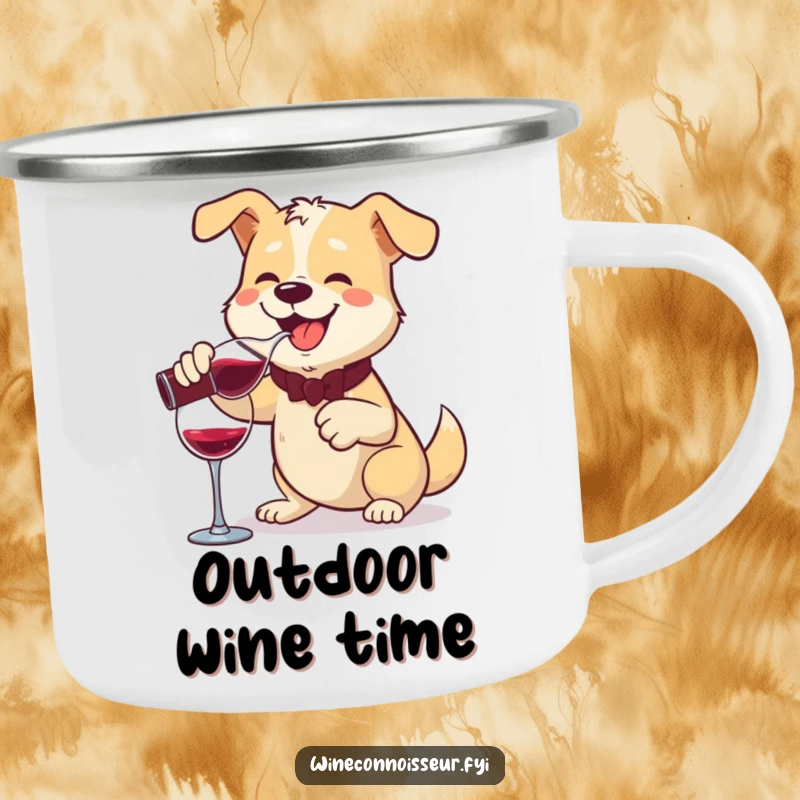 Funny camping mug featuring a cheerful dog pouring wine from a decanter with a flourish, perfect for outdoor enjoyment.