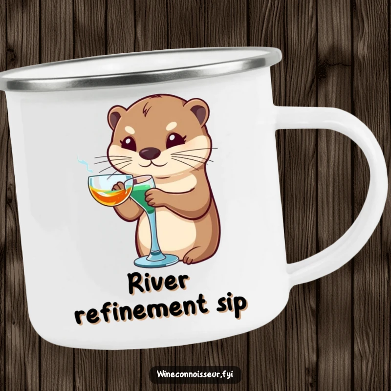 Funny otter camping mug featuring a sophisticated otter character swirling a glass, perfect for refined outdoor sipping.