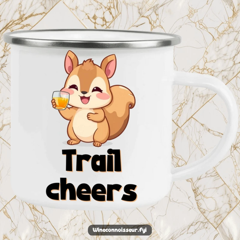 Funny camping mug with a happy squirrel character raising a tiny glass of amber liquid, perfect for outdoor celebrations and humor.