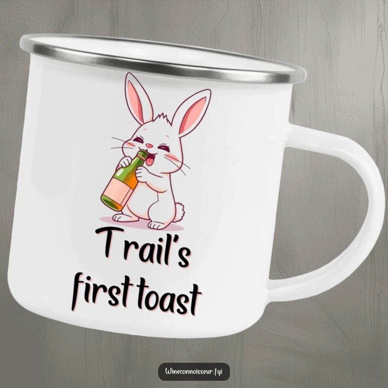 Funny rabbit character uncorking a mini wine bottle on a durable camping mug for outdoor party humor.
