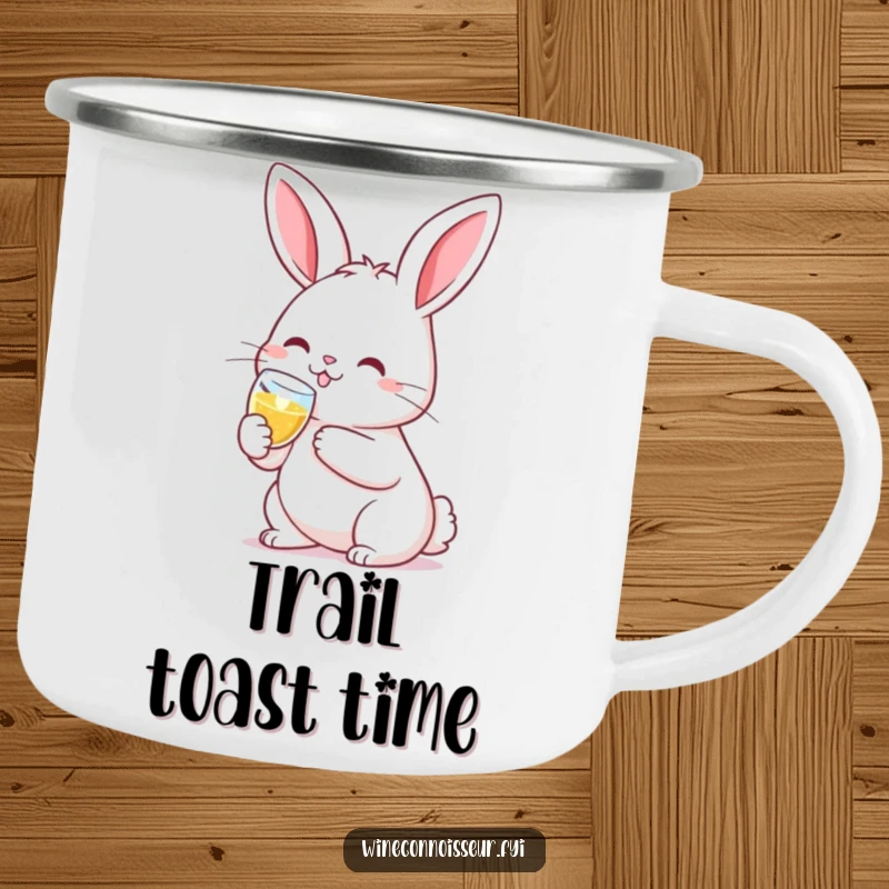 Durable and funny camping mug with a smiling kawaii rabbit clinking a tiny champagne flute, for cute outdoor enjoyment.