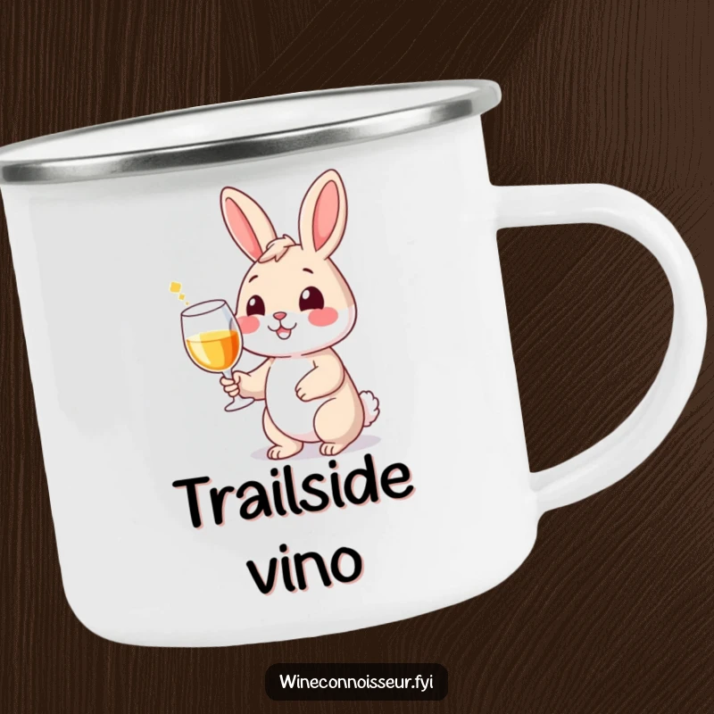 Funny camping mug with a smiling rabbit character holding a wine glass with a flourish, ideal for humorous outdoor enjoyment.