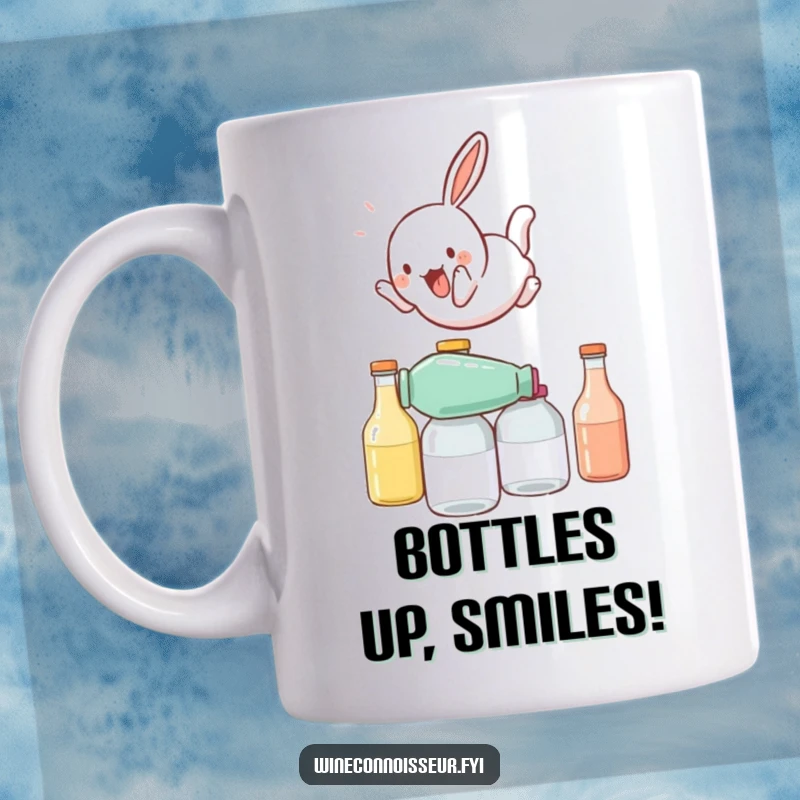 Funny mug showing a playful rabbit character energetically somersaulting over a stack of bottles, embodying pure fun and mischief.