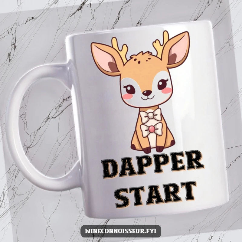 Funny Kawaii deer mug, elegantly dressed in a tiny bowtie, sophisticated animal charm, perfect gift for the distinguished.