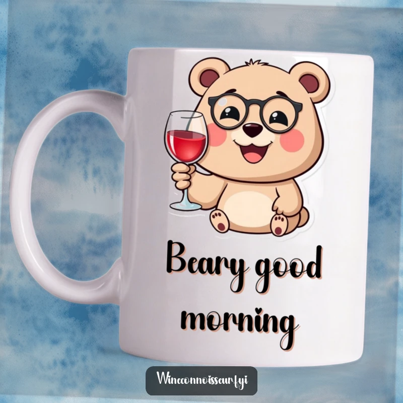 Funny mug depicting a happy bear wearing a monocle, smiling contentedly while holding a wine glass.