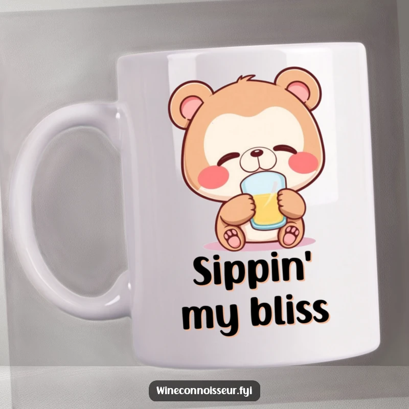 Funny bear mug featuring a joyful bear character with eyes closed, deeply savoring a delightful sip, radiating pure contentment.