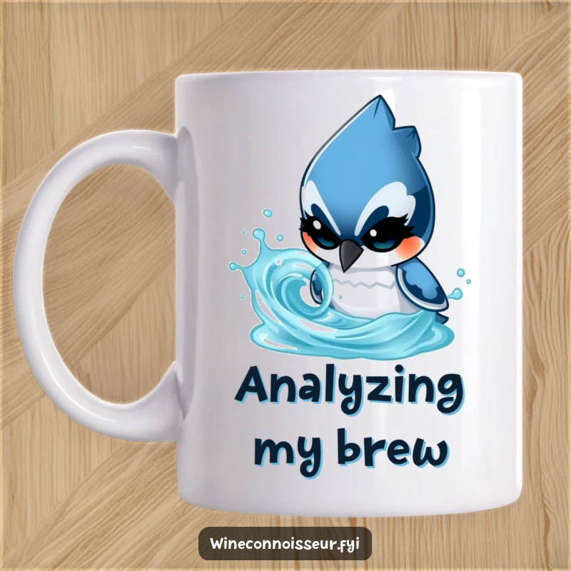 Funny blue jay mug with a determined character intently focused on analyzing a swirling liquid, a scientific bird illustration.