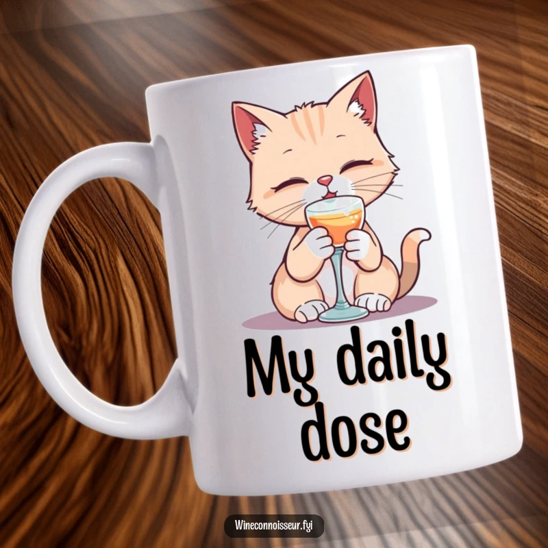 Funny kawaii cat mug showing a sophisticated feline gracefully sipping from a tiny goblet, exuding elegant humor.