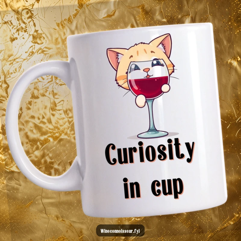 Funny mug featuring a playful cat character curiously peering into a wine glass with wide, intrigued eyes.