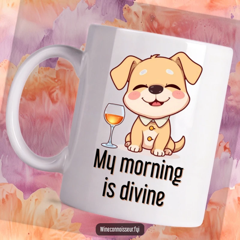 Funny mug featuring a happy dog masterfully acting as a sommelier, carefully sniffing an invisible aroma with eyes closed, exuding refined humor.