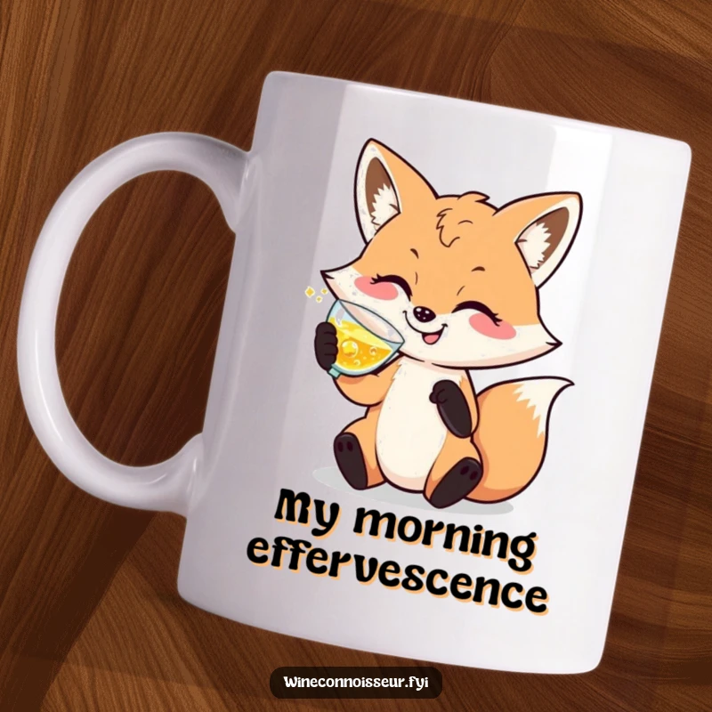 Funny mug featuring a happy, sophisticated fox character elegantly swirling a glass of sparkling liquid with a look of pure contentment.