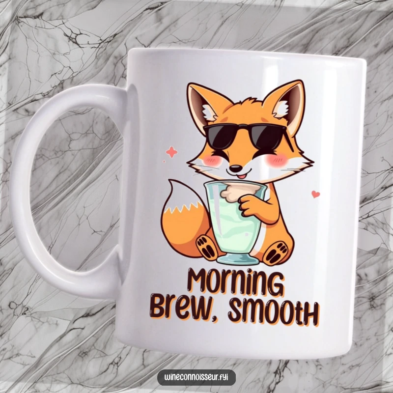 Funny kawaii fox mug, character swirling wine glass, sophisticated happy expression, elegant and humorous drinkware.
