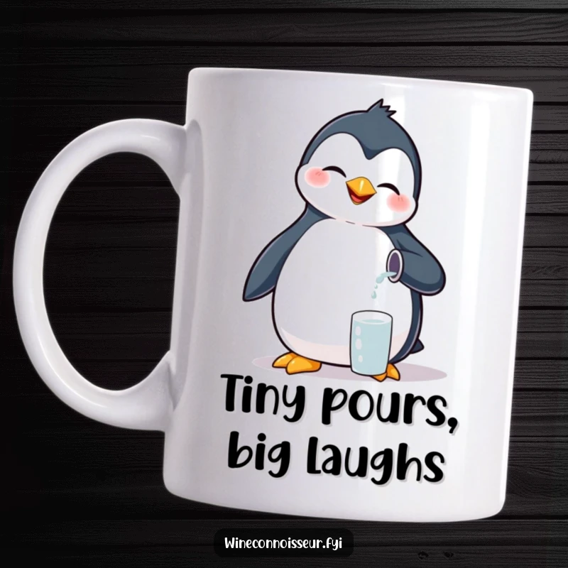 Funny giggling penguin mug, pouring tiny liquid, cute and meticulous bird character design.