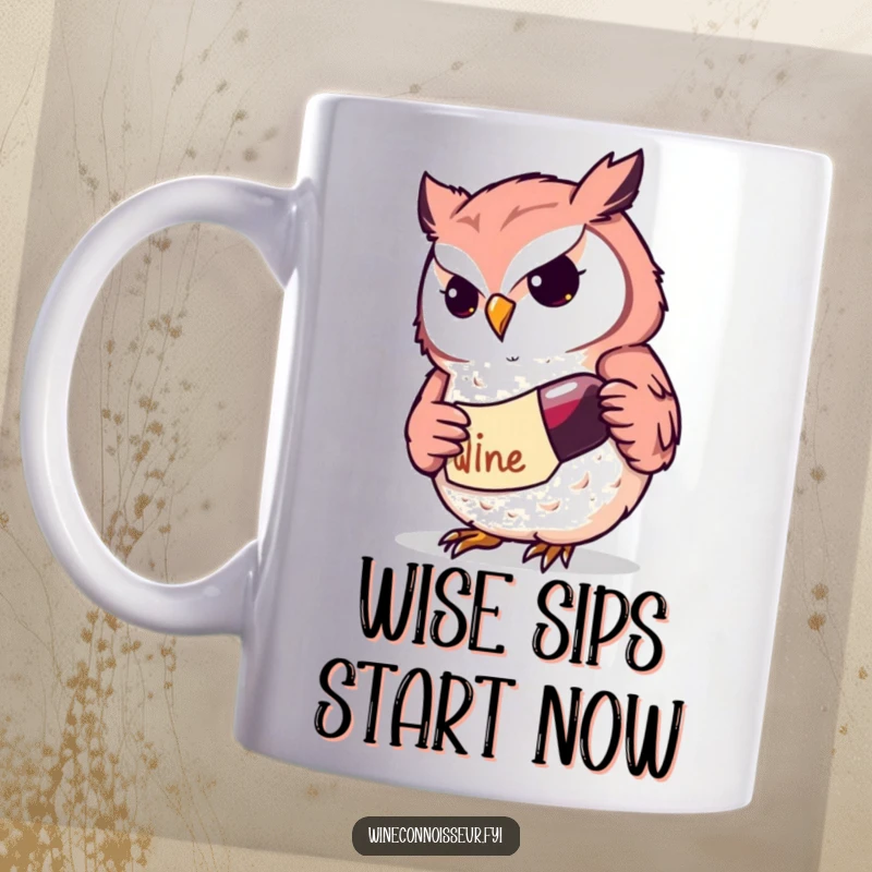 Funny Kawaii owl mug featuring a determined character intently studying a wine label, conveying intellectual curiosity and humor, a perfect gift.