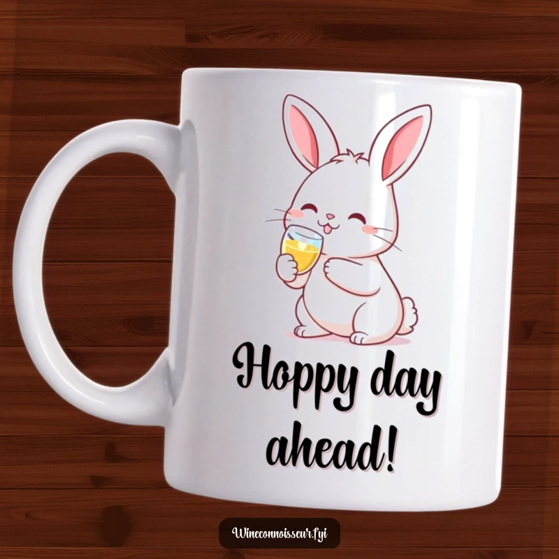 Funny mug with a smiling kawaii rabbit character clinking a tiny champagne flute, celebrating with adorable charm.