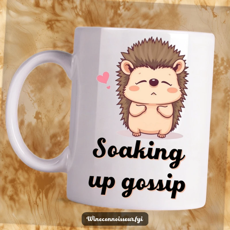 Funny mug featuring a contented hedgehog listening intently, symbolizing attentiveness and a calm, receptive personality.