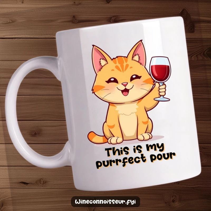 Funny orange tabby cat mug, grinning with a wine glass, celebrating good times, perfect for cat lovers and wine drinkers, a delightful funny gift.