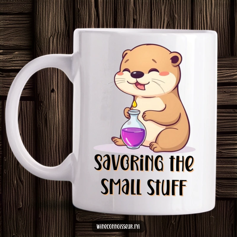 Funny mug showcasing a contented otter carefully pouring a tiny drop into a small decanter, radiating peace.