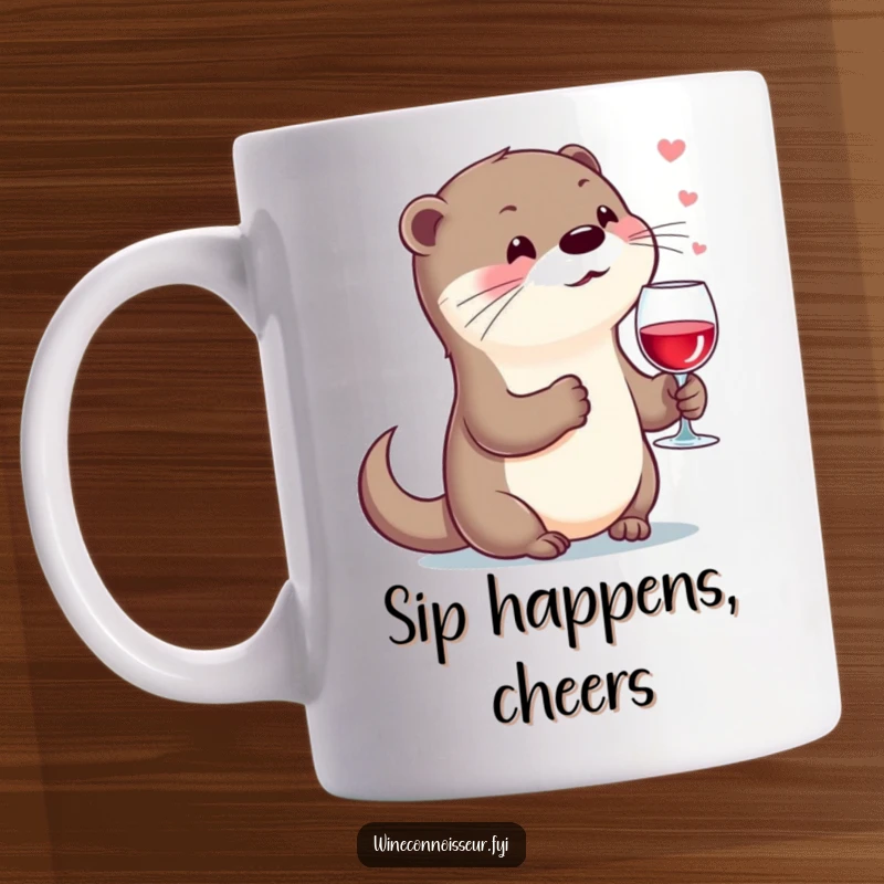 Funny kawaii otter mug, character holding wine glass, sighing contentedly, sophisticated and humorous drinkware.