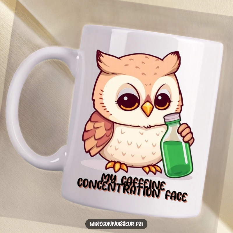 Funny owl expert mug with a smiling owl intensely examining a small bottle, showcasing its intelligence and curiosity.