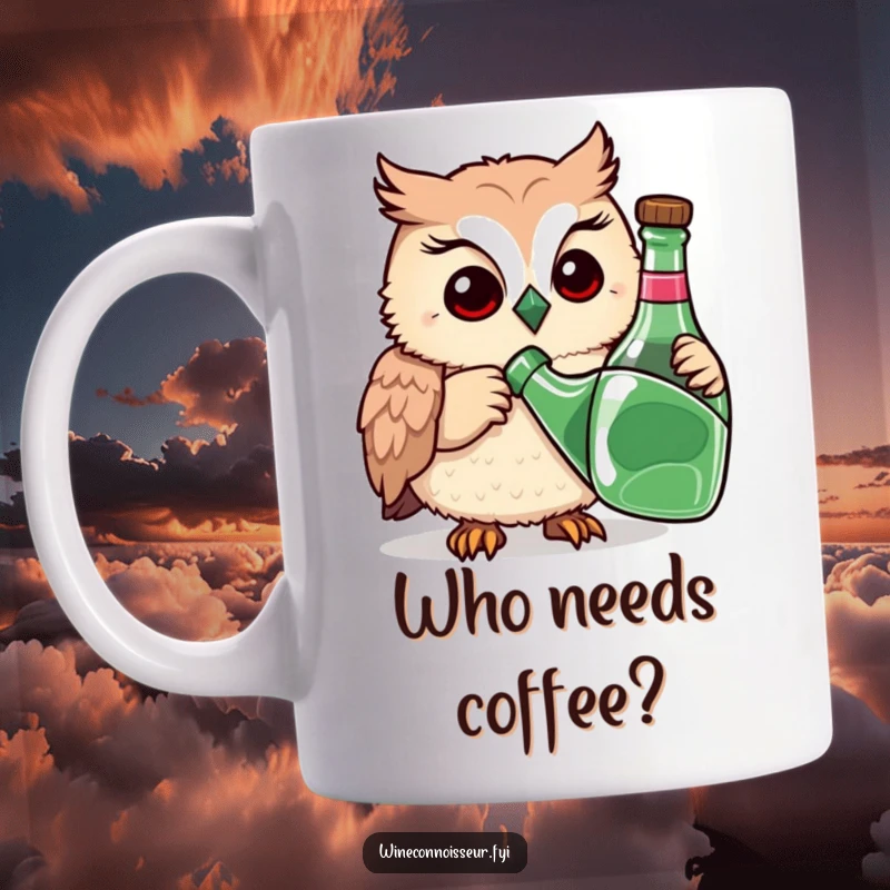 Funny mug featuring a playful owl meticulously sniffing a bottle with a thoughtful, inquisitive expression, embodying humor and wisdom.