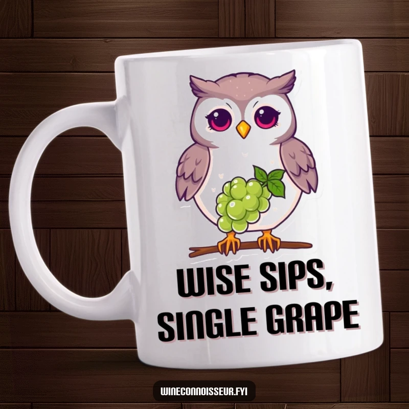 Funny proud owl mug, balancing grape on beak, wise bird character design.