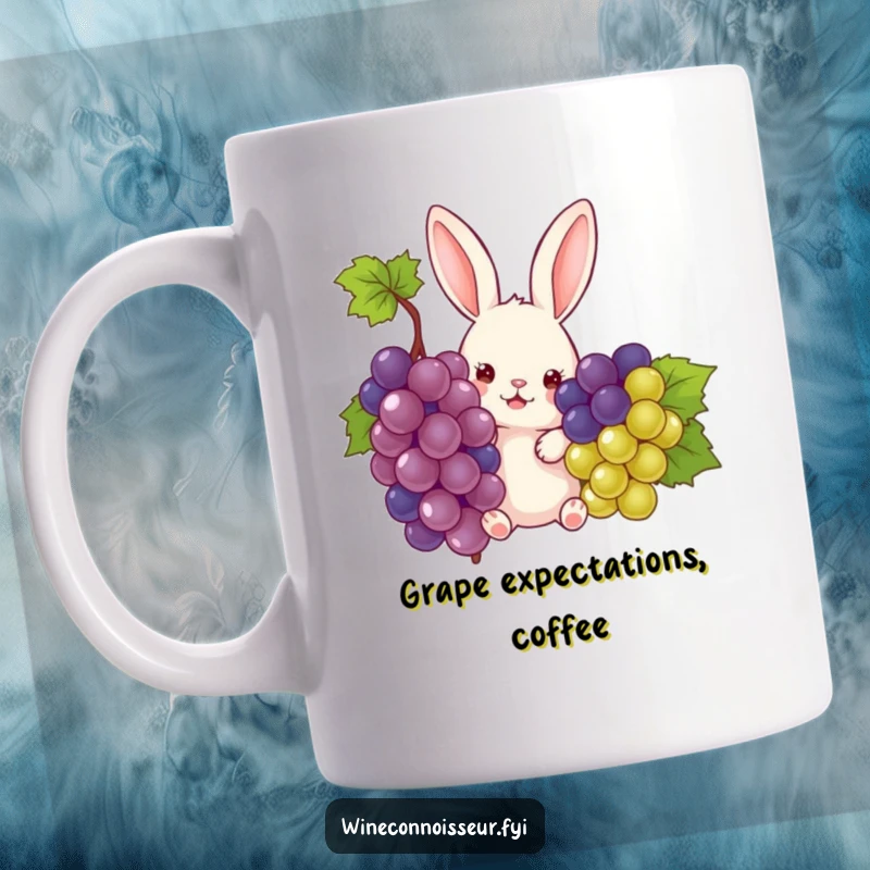 Funny rabbit peeking curiously from behind a bunch of ripe grapes, illustrated on a ceramic mug, perfect for a funny gift.
