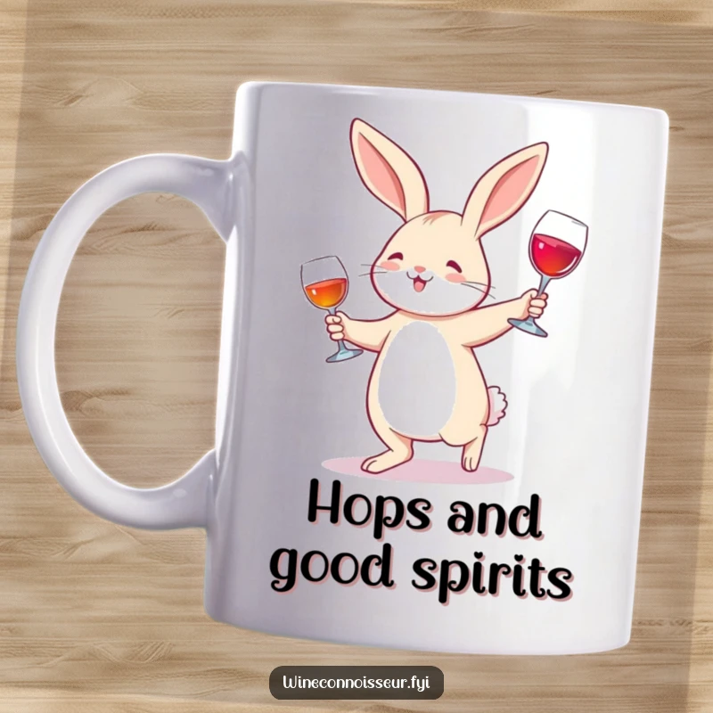 Funny Mug: A joyful rabbit gracefully waltzing with a wine glass, embodying pure happiness and a love for fine drinks.