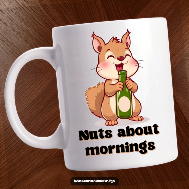 Funny kawaii squirrel mug depicting an excited squirrel uncorking a miniature bottle, celebrating with nutty humor.