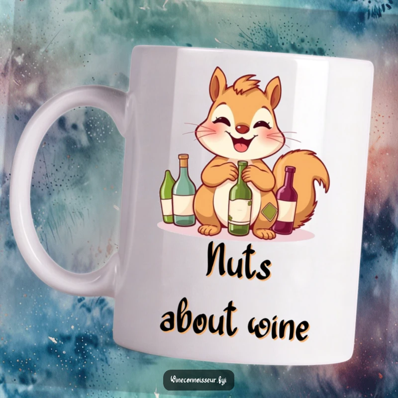 Funny Squirrel Mug: A giggling squirrel proudly showcases its collection of miniature wine bottles, full of mischievous joy.